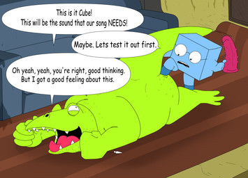 anthro belly big_belly dialogue dildo duo excited green_body male male/male nude open_mouth overweight overweight_male sex_toy smile smiling_at_another smiling_at_partner speech_bubble tail teeth teeth_showing text tongue tongue_out conditional_dnp hellfurred crocodile_(crocodile_and_cube) cube_(crocodile_and_cube) crocodile crocodilian reptile scalie digital_media_(artwork) english_text hi_res