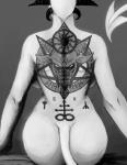 alchemical_symbol algiz_rune back_boob big_breasts big_butt black_sun breasts butt female horn inverted_pentacle not_furry nude occult_symbol pentacle pentagram rear_view satanic satanism sigil_of_baphomet solo spade_tail sulfur_symbol symbol tail text hladilnik lucy_(hladilnik) demon greyscale hi_res monochrome translated