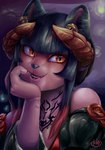 anthro bell black_nose breasts cosplay female green_hair hair halo_horns horn smile solo tattoo yellow_eyes hawtmoon tekken chimiko eliza_(tekken) domestic_cat felid feline felis mammal 2018 bust_portrait hi_res portrait