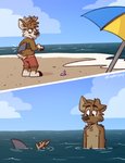 anthro barefoot beach blue_sky blue_water bottomwear clothed clothing cloud duo feet male red_bottomwear red_clothing seaside shark_fin shell sky swimwear topless umbrella tinydeerguy canid canine canis deer domestic_dog mammal hi_res