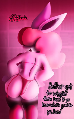 anthro anthrofied big_breasts bra breasts butt clothed clothing dialogue female fur garter_belt garter_straps gradient_background hair hair_over_eyes hands_on_hips legwear open_mouth panties pink_background pink_body pink_fur pink_hair pokemorph rear_view simple_background smile solo stockings text underwear filthycottonart unfortu-nate nintendo pokemon georgina_(unfortu-nate) generation_1_pokemon pokemon_(species) wigglytuff 2023 digital_media_(artwork) english_text hi_res
