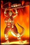 2012 abstract_background anthro big_breasts breasts brighteyes clothed clothing dreadlocks female fire flamethrower fully_clothed grenade_belt grin hair hi_res long_hair mammal mustelid neodokuro otter pyro_(team_fortress_2) raised_arms ranged_weapon smile solo suspenders team_fortress_2 valve weapon