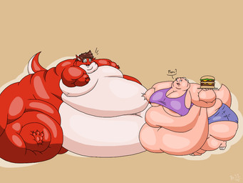 3_toes 5_fingers anthro anthro_on_anthro areola areola_slip bar_emanata barefoot belly big_belly big_breasts big_butt biped blue_clothing breasts brown_hair burger butt claws clothing crop_top dialogue double_chin duo emanata eyebrows eyelashes feeding feet female fingers flabby_arms food frill_(anatomy) hair head_crest head_frill holding_food holding_object huge_belly huge_breasts huge_butt huge_hips huge_thighs hyper hyper_belly hyper_butt hyper_hips hyper_thighs love_handles male male/female membrane_(anatomy) membranous_frill moobs morbidly_obese morbidly_obese_anthro morbidly_obese_female morbidly_obese_male multicolored_body multicolored_skin navel nipples nude_anthro nude_male obese obese_anthro obese_female obese_male open_mouth overweight overweight_anthro overweight_female overweight_male pink_body pink_skin purple_clothing purple_eyes question red_body red_skin shirt short_hair simple_background sitting standing tail tan_background text thick_thighs tight_clothing toe_claws toes topwear two_tone_body two_tone_skin under_boob white_body white_skin wide_hips yellow_eyes batspid2 juna_(batspid2) lizard reptile scalie 2018 4:3 cel_shading digital_drawing_(artwork) digital_media_(artwork) english_text shaded signature