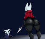 ambiguous_gender anthro big_butt biped black_body black_eyes blue_background blue_cloak blue_clothing bottomless butt cloak cloak_only clothed clothing duo empty_eyes female holding_melee_weapon holding_object holding_weapon huge_butt looking_at_another melee_weapon nail_(weapon) rear_view red_cloak red_clothing simple_background standing thick_thighs weapon white_body wide_hips sketchydrawin hollow_knight team_cherry hornet_(hollow_knight) arthropod insect vessel_(species) 2024 digital_media_(artwork) hi_res