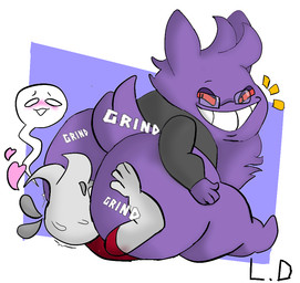 anthro big_butt black_clothing black_jacket black_topwear butt clothing duo facesitting grey_body hair heart_symbol huge_butt jacket male male/male purple_body purple_hair sitting sitting_on_another topwear lewd_die nintendo pokemon generation_1_pokemon gengar human mammal pokemon_(species)
