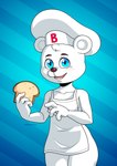 absurd_res anthro apron apron_only areola areola_slip artidemonboy bear bimbo_(bakery) bimbo_bear blue_background blue_eyes blush blush_lines bread breasts chef_hat clothing eyelashes female food fur hat headgear headwear hi_res holding_bread holding_food holding_object looking_at_viewer mammal open_mouth open_smile pattern_background pink_areola side_boob simple_background small_breasts smile solo striped_background white_body white_fur