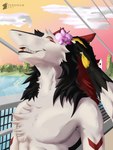 anthro duo female fingers flower fur hair male open_mouth orchid_(flower) outside plant red_hair simple_background smile standing teeth tongue white_body white_fur conditional_dnp teremunart sheza_soulscar teremun_(teremunart) sergal absurd_res hi_res