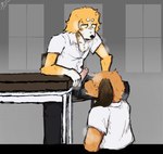 anthro bodily_fluids bottomwear brown_body chair clothed clothing collared_shirt covered_eyes desk dress_pants dress_shirt duo embarrassed exposed_teeth floppy_ears foreskin fur furniture genitals long_ears looking_down male male/male open_bottomwear open_clothing open_mouth open_pants pants penis school school_desk school_uniform shirt simple_background sitting slightly_chubby sniffing spread_legs spreading sweat sweatdrop table teeth topwear unbuckled_pants unbuttoned_shirt uniform white_body white_fur window yellow_body yellow_fur smell_(mucknagabe) joseph_(mucknagabe) noi_(mucknagabe) bloodhound border_collie canid canine canis collie domestic_dog herding_dog hunting_dog mammal pastoral_dog scent_hound sheepdog hi_res