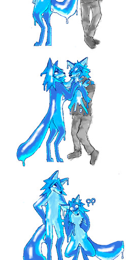 ambiguous_gender anthro blue_body clothed clothing digitigrade dripping duo eyes_closed featureless_crotch goo_encasement goo_transformation kneeling nude simple_background transformation white_background foxes-radio canid canine canis coyote goo_creature human mammal hi_res
