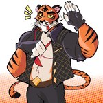 anthro barazoku belt bottomwear claws clothed clothing fingerless_gloves gloves handwear looking_at_viewer male muscular muscular_male necktie open_clothing open_shirt open_topwear pants pecs shirt simple_background solo striped_body stripes tail tongue tongue_out topwear undressing whiskers htony epic_games fortnite oscar_(fortnite) felid mammal pantherine tiger 1:1 hi_res