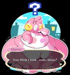 anthro belly big_belly blush bodily_fluids bottomless clothed clothing female obese obese_anthro obese_female overweight overweight_anthro overweight_female pink_body question_mark solo sweat sweatdrop tentacles text mintrimo animal_crossing nintendo marina_(animal_crossing) cephalopod coleoid marine mollusk octopodiform alpha_channel english_text signature