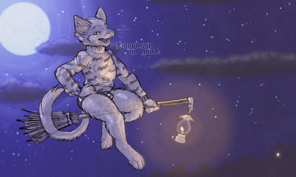 boy_pussy broom cleaning_tool clothing holidays humor joke lamp lantern male pun solo sweather thong underwear mot halloween domestic_cat felid feline felis mammal 5:3 hi_res