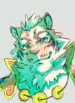 anthro clothed clothing countershading fur green_eyes looking_at_viewer male multicolored_body multicolored_fur simple_background solo striped_body striped_fur stripes two_tone_body two_tone_fur white_background white_body white_fur heylaw21 nekojishi studio_klondike lin_hu felid mammal pantherine tiger 2019 absurd_res hi_res