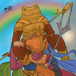 anthro biped boots breasts clothing female footwear glowing glowing_eyes gold_body gradient_background green_eyes headdress holding_melee_weapon holding_object holding_polearm holding_spear holding_weapon melee_weapon no_pupils polearm rainbow rainbow_background shoes simple_background sitting slightly_chubby slightly_chubby_female smile spear weapon yellow_eyes ayseneinart hasbro magic:_the_gathering wizards_of_the_coast hazoret_the_fervent sab-sunen amphibian canid canine canis deity frog jackal mammal 1:1 hi_res
