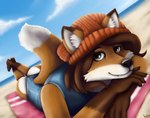 anthro beach beanie brown_hair butt clothing cloud female freckled_face freckles fur grey_eyes hair hat headgear headwear one-piece_swimsuit red_body red_fur sea snaggle_tooth solo sunny swimwear towel water wolverfox_(artist) wolverfox canid canine fox mammal red_fox true_fox hi_res