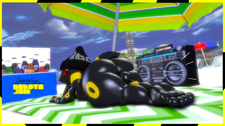 3_toes anthro balls beach beach_chair beach_towel beach_umbrella beanie beverage beverage_bottle big_balls big_butt boombox bottle butt butt_jiggle clothing container cooler feet genitals hat headgear headwear huge_butt huge_thighs jiggling looking_at_viewer looking_back lying male on_front palm_tree parasol penis plant soda soda_bottle solo thick_thighs toes towel tree wristband dj_ballistic5 nintendo pokemon jack_(imdajasperbaby) eeveelution generation_2_pokemon pokemon_(species) umbreon 16:9 3d_(artwork) digital_media_(artwork) hi_res widescreen