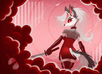 action_pose anthro armwear breasts butt cherry_blossom cleavage clothed clothing collar dress elbow_gloves evening_gloves female flower gloves handwear katana legwear looking_back melee_weapon plant pose prunus_(flower) red_clothing red_dress smile solo spiked_collar spikes sword thigh_highs weapon drawx hellaverse helluva_boss mythology loona_(helluva_boss) canid canid_demon canine canis demon hellhound mammal mythological_canine mythological_creature hi_res
