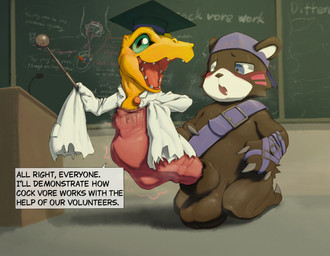 bodily_fluids chalkboard classroom cock_vore genital_fluids genitals male penile penis precum school text vore .f_9578 bandai_namco digimon agumon agumon_expert bearmon digimon_(species) english_text hi_res