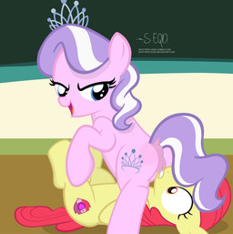 animal_genitalia animal_vulva anus blue_eyes butt chalkboard classroom clenched_teeth clitoral_winking clitoris crown cutie_mark dock_(anatomy) dominant dominant_female duo equine_genitalia equine_vulva eyelashes facesitting female female/female female_on_bottom female_on_top feral feral_on_feral genitals hair headgear hooves information_board inside looking_back lying multicolored_hair nude on_back on_bottom on_model on_top open_mouth open_smile orange_eyes pink_body puffy_anus purple_hair questionable_consent red_hair school shadow shocked sitting_on_another smile submissive submissive_female tail teeth text tiara tongue two_tone_hair vulva wide_eyed yellow_body young young_feral young_on_young shutterflyeqd friendship_is_magic hasbro my_little_pony apple_bloom_(mlp) diamond_tiara_(mlp) earth_pony equid equine horse mammal pony 2018 absurd_res digital_media_(artwork) hi_res signature url