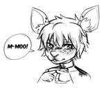 anthro blush choker collar cowbell dialogue ear_piercing embarrassed freckles fur inner_ear_fluff jewelry looking_away male mottled mottled_body mottled_fur necklace piebald piercing solo speech_bubble text tuft mabiwabi sue_lee deer mammal english_text hi_res monochrome sketch