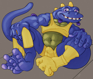 3_fingers anthro belly big_teeth blue_body blue_skin boxers_(clothing) bulge clothing clothing_bulge digitigrade feet fin fingers foot_focus footwear green_belly horn long_tail male musclegut muscular muscular_male navel purple_eyes removing_socks shirt silly_face simple_background sitting sitting_on_ground smile socks solo spread_toes tail tank_top teeth toes toes_up topwear underwear ravuer doug's_1st_movie herman_(doug) herman_melville_(doug's_first_movie) monster absurd_res hi_res