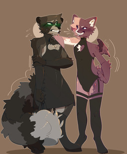 anthro back_wings black_clothing black_dress blue_eyes blush bodysuit clothing confident confident_male digitigrade dress duo fangs fluffy fluffy_tail fur green_blush green_eyes grey_body grey_fur legwear male male/male markings nervous pink_body pink_fur purple_blush purple_body purple_fur skinsuit striped_markings striped_tail stripes tail tail_markings teeth thigh_highs tight_clothing wings toasty_teddy jasper_(toasty_teddy) victor_(mrmoopne) calico_cat domestic_cat felid feline felis mammal procyonid raccoon absurd_res hi_res shaded watermark