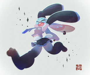 anthro barefoot black_body black_fur blue_body blue_fur bottomwear clothing ear_piercing ears_down eyes_closed feet female fur hands_above_head midriff motion_blur multicolored_body multicolored_fur necktie piercing pink_inner_ear pivoted_ears running skirt smile solo sparkles tail teeth teeth_showing topwear fu_go_fu_go vocaloid hatsune_miku lagomorph leporid mammal rabbit hi_res