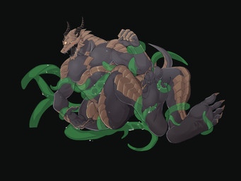 3_eyes 5_fingers 5_toes anthro black_background black_body bodily_fluids brown_body claws feet fingers horn lying male multi_eye muscular muscular_anthro muscular_male open_mouth saliva simple_background solo tail tears tentacles toes icewolfhan mythology dragon mythological_creature mythological_scalie scalie 2023 4:3 absurd_res hi_res