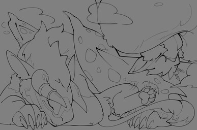 balls beak ear_piercing genitals horn male male/male musk pawpads paws piercing ring size_difference sleeping smothering milkesheique mythology codenamerune haloren rune_nigrala avian felkin gryphon hybrid mythological_avian mythological_creature absurd_res hi_res monochrome