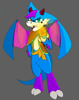 anthro blue_body claws clothed clothing fire fur heterochromia horn male solo wings sirunfurr mythology fan_character canid canine canis dragon lizard mammal mythological_creature mythological_scalie reptile scalie wolf