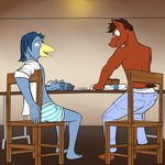 anthro barefoot bottomwear boxers_(clothing) card clothed clothing denim denim_bottomwear denim_clothing duo feet jeans male open_clothing open_shirt open_topwear pants playing_card poker_chip shirt sitting strip_poker topless topwear underwear fuze texnatsu blake_jackson josh_oliver avian bird bluebird equid equine horse mammal oscine passerine thrush_(bird) 1:1 hi_res