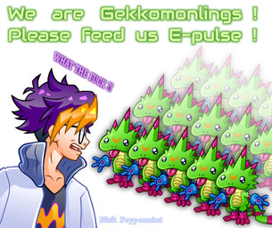 anthro beady_eyes blep eyewear glasses green_body group humor male profanity swarm text tongue tongue_out nickpeppermint bandai_namco digimon digimon_beatbreak tomoro_tenma digimon_(species) gekkomon human mammal english_text hi_res