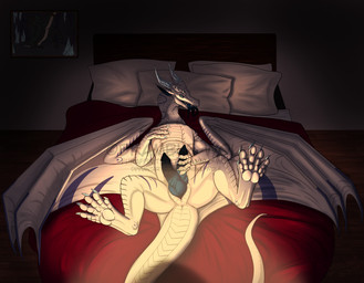 6_toes bed bedroom_eyes blue_tongue erection feet feral furniture genitals looking_at_viewer male multi_genitalia multi_penis multi_tongue narrowed_eyes on_bed penis presenting seductive simple_background solo spread_legs spreading tail toes tongue tongue_out white_body wings bramble-wolf mythology dragon mythological_creature mythological_scalie scalie hi_res