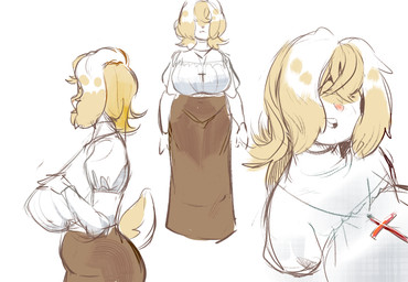 anthro big_breasts blonde_hair bottomwear breasts christian_cross christian_symbol clothing cross female female_anthro fur hair hair_over_eyes hand_on_breast huge_breasts religion religious_symbol skirt solo tail topwear yellow_body yellow_fur zeighous christianity lilith_(zeighous) lagomorph leporid mammal rabbit multiple_images