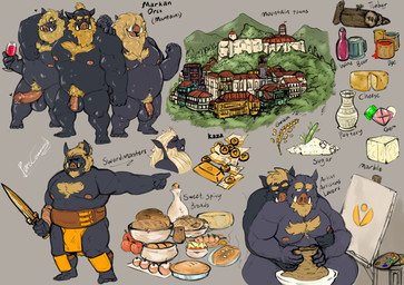 anthro balls beard belly black_body bottomwear bread bulge circumcised circumcision_scar clothing facial_hair flaccid food foreskin genital_scar genitals group heart_symbol hug hugging_another hugging_from_behind humanoid_genitalia humanoid_penis loincloth male male/male moobs musclegut muscular nipples overweight overweight_male partially_retracted_foreskin penis scar sitting text weapon desertb0ar mammal suid suine sus_(pig) wild_boar 2021 digital_media_(artwork) english_text hi_res