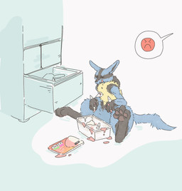 ambiguous_gender anthro appliance blue_body blue_fur container dessert dirty eyes_closed featureless_crotch food fridge fur ice_cream kitchen_appliance licking licking_lips multicolored_body offscreen_character pawpads paws simple_background solo spikes spikes_(anatomy) spread_legs spreading tail text tongue tongue_out yellow_body yellow_fur zoo69712356 nintendo pokemon canid canine generation_4_pokemon lucario mammal pokemon_(species) 2025 hi_res japanese_text