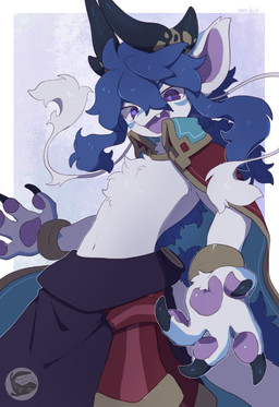 2_horns anthro armlet black_claws black_horn blue_hair bottomwear cape claws clothing fur hair horn male open_mouth pants pawpads pink_pawpads pink_tongue purple_eyes solo tongue unusual_anatomy unusual_horn white_body white_fur mochiri mythology dragon eastern_dragon mythological_creature mythological_scalie scalie absurd_res hi_res