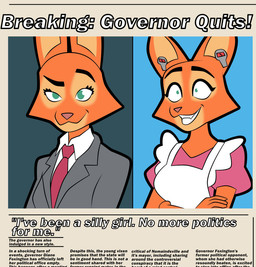 anthro apron before_and_after clothing female happy hypnosis looking_at_viewer mind_control newspaper solo stepfordization thestepfordfiles dreamworks the_bad_guys diane_foxington canid canine fox mammal comic