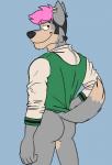 anthro bottomless butt butt_pose clothed clothing ear_piercing ear_ring hair hoodie jacket letterman_jacket looking_back male paintbrush_tail partial_nudity piercing pink_hair pose ring_piercing smile solo topwear mapdark ted_(mapdark) canid canine canis mammal wolf hi_res