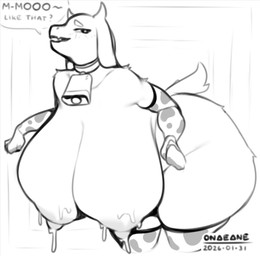 animal_print anthro armwear bent_over big_breasts bodily_fluids breasts clothed clothing cow_print curvy_figure elbow_gloves female floppy_ears gloves handwear horn huge_breasts lactating long_ears mature_anthro mature_female mostly_nude nipples solo text thick_thighs voluptuous wide_hips onae_ane undertale_(series) toriel boss_monster_(undertale) bovid caprine mammal 2026 artist_name dated monochrome