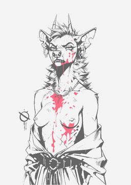 anthro belt blood blood_drip blood_on_chest blood_on_face bodily_fluids breasts clothed clothing cross cross_necklace dripping ear_piercing exposed_breasts female fur horn jewelry logo looking_at_viewer mane necklace nipple_piercing nipples notched_ear open_clothing open_topwear partially_clothed piercing simple_background solo topwear white_background noxymeart hyena mammal artist_logo half-length_portrait portrait