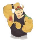 0rang3 2022 2_horns absurd_res anthro armpit_fetish armpit_hair barazoku beard biceps big_muscles bodily_fluids body_hair bottomwear bowser bracelet claws clothed clothing collar eyebrows facial_hair front_view hair hi_res horn huge_muscles jewelry koopa looking_at_viewer male mario_bros muscular muscular_anthro muscular_male nintendo obliques open_mouth open_smile pants pecs presenting presenting_armpit scalie shirt simple_background smile solo spiked_bracelet spiked_collar spikes sweat tank_top teeth topwear white_background