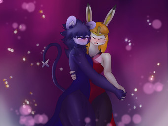 anthro anthrofied blue_clothing blue_dress blush bokeh clothing dancing dress duo eyes_closed female hair hand_holding happy orange_hair pokemorph purple_background red_clothing red_dress romantic simple_background tail eddysketcherooni nintendo pokemon danya_(anewkindofcreature) cinderace generation_4_pokemon generation_8_pokemon luxray pokemon_(species) 4:3 absurd_res hi_res