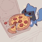 ambiguous_gender anthro black_eyes blue_body blue_fur blue_tail eating fingers food fur high-angle_view pizza solo standing tail tail_motion tailwag advos nintendo pokemon generation_4_pokemon pokemon_(species) riolu 1:1 2025 digital_media_(artwork)