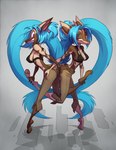 4_ears anthro ass_to_ass blue_hair breasts butt butt_grab clothed clothing duo female hair hand_on_butt leg_grab multi_ear narrowed_eyes nipple_outline on_one_leg open_mouth standing teeth underwear david_lillie dreamkeepers digo_marrallang indi_marrallang indigo_marrallang canid mammal absurd_res hi_res sibling_(lore) sister_(lore) sisters_(lore) twins_(lore)