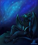 anthro barefoot blue_eyes clothed clothing feet grass male membrane_(anatomy) membranous_wings night outside plant sitting sky star starry_sky tail wings neotheta mythology theo_(neotheta) dragon mythological_creature mythological_scalie scalie 2015 hi_res