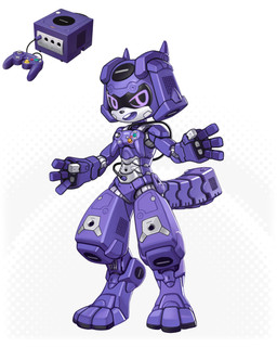 3_toes 4_fingers ambiguous_gender anthro controller feet fingers game_controller gamecube_controller kemono nintendo_controller purple_body purple_eyes slim_ambiguous slim_anthro solo standing toes lordyanyu gamecube nintendo canid canine canis domestic_dog mammal robot_anthro 2024 hi_res
