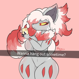 4_fingers :3 anthro big_breasts breasts electronics featureless_breasts featureless_crotch female fingers fur grey_body grey_fur hair holding_object holding_phone phone pink_background pupils red_body red_eyes red_fur selfie simple_background slit_pupils smile solo standing tail text thick_thighs white_hair white_tail wide_hips yellow_sclera salchikokokoko nintendo pokemon generation_8_pokemon hisuian_form hisuian_zoroark pokemon_(species) regional_form_(pokemon) 1:1 english_text hi_res