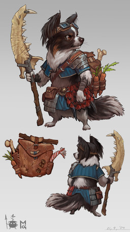 anthro armor bag belt carrot eyewear eyewear_on_head food front_view fur goggles goggles_on_head holding_melee_weapon holding_object holding_polearm holding_spear holding_weapon looking_aside male melee_weapon pauldron plant polearm pouch_(clothing) rear_view simple_background solo spear standing tail vegetable weapon whiskers manuel_castanon capcom monster_hunter canid canine canis domestic_dog mammal 2024 4k 9:16 absurd_res hi_res