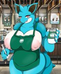 anthro beverage big_breasts blue_body blush bodily_fluids breasts claws clothed clothing container cup detailed_background female generation_1_pokemon genitals hi_res holding_beverage holding_container holding_cup holding_object holding_pen i_mean_breast_milk lactating lactating_in_cup looking_at_viewer mellonsoda meme milk multicolored_body nidoqueen nintendo nipples open_mouth open_smile partially_clothed pen pokemon pokemon_(species) red_eyes simple_background smile solo thick_thighs tongue two_tone_body wide_hips